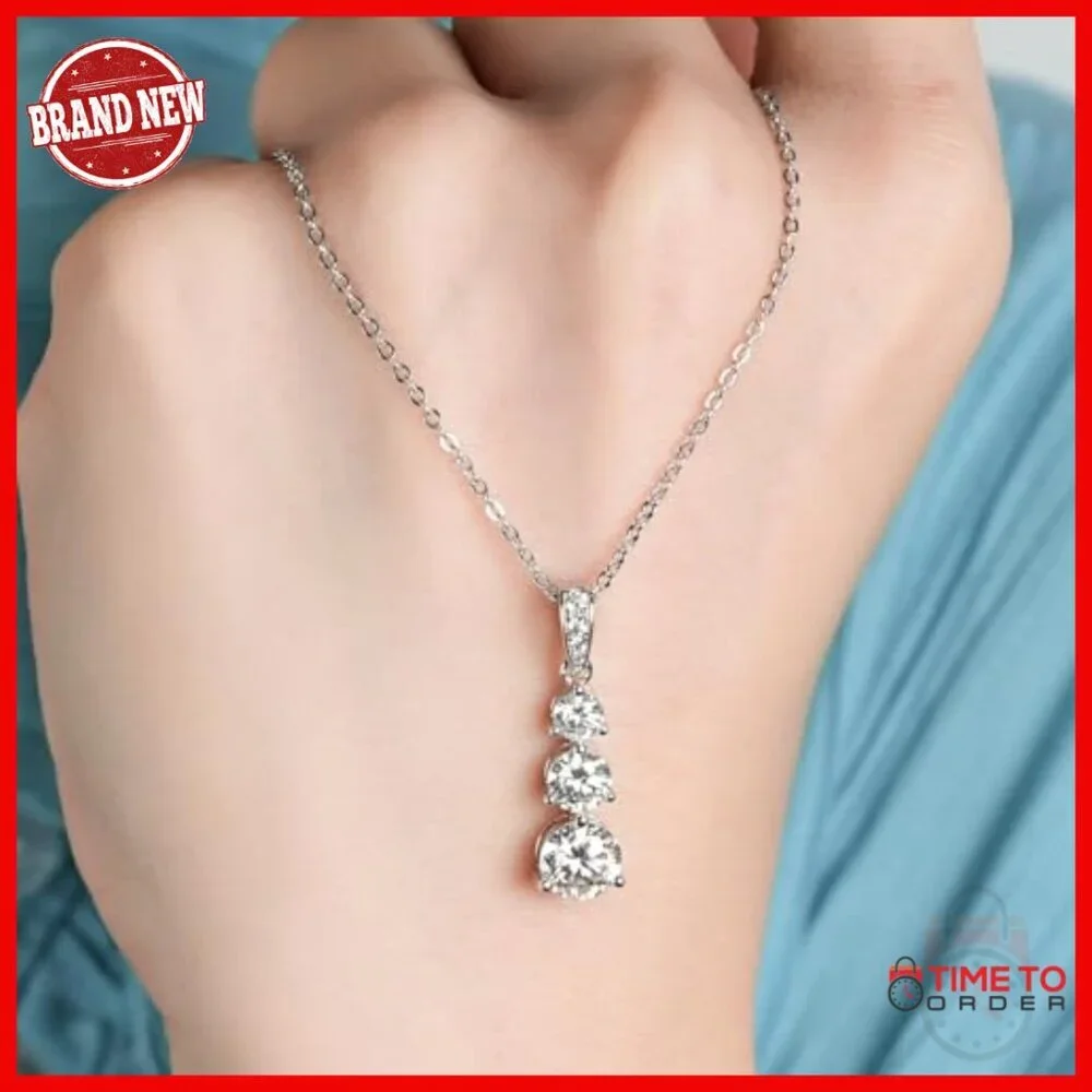 Sterling Silver Moissanite 3 Stone Pendant Necklace 18-20 Inch